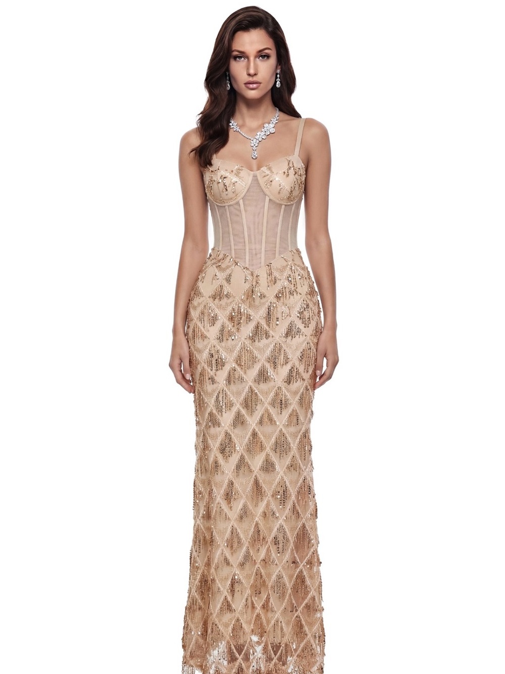 Nude-Beige Sequin Embellished Maxi Dress with Corset Bodice